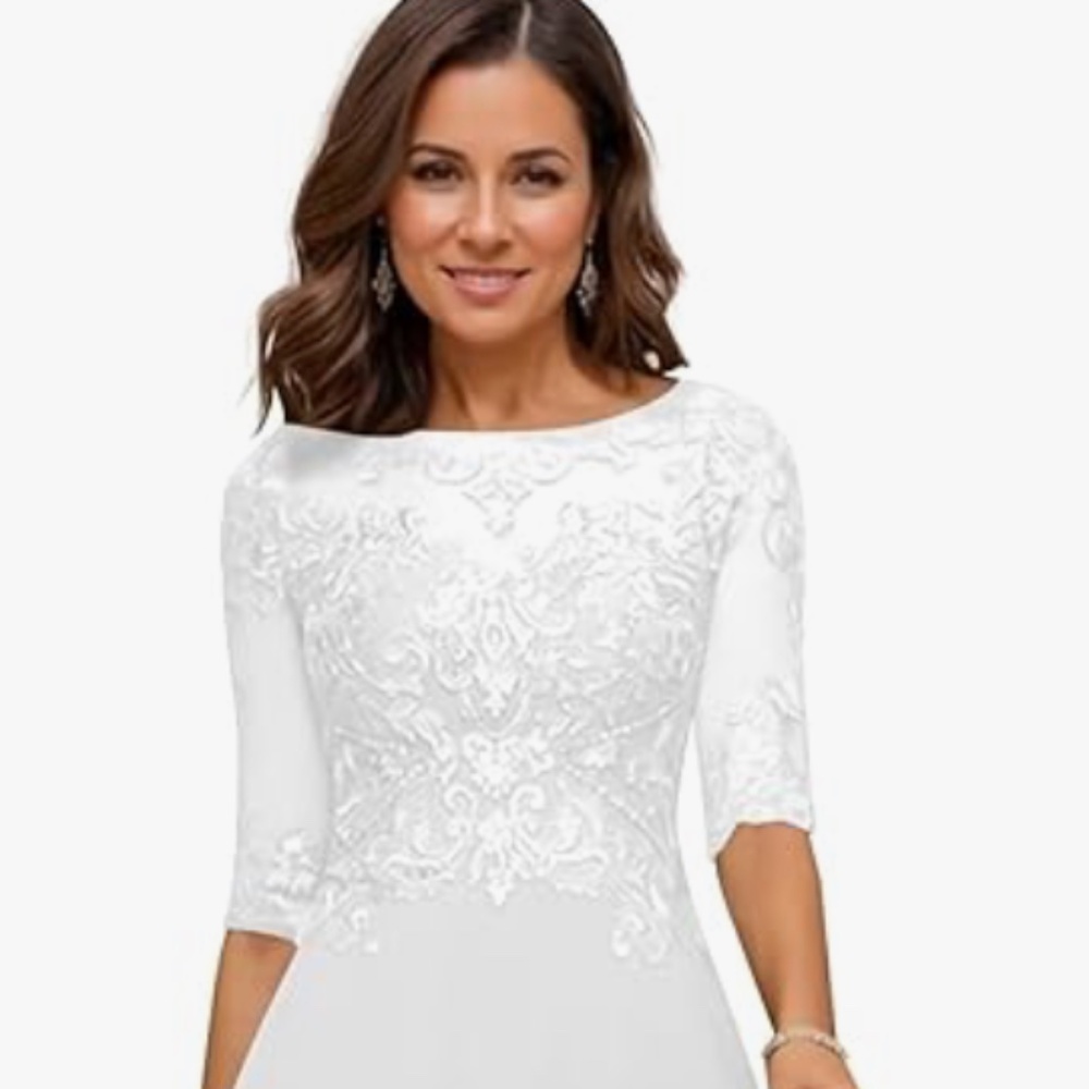 Tea Length 3/4 Length Sleeve White Wedding Dress Size 10 Beads Lace Chiffon
